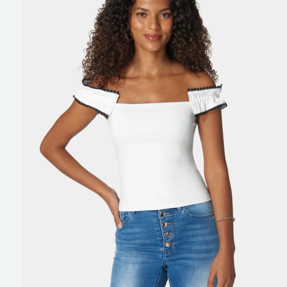 bebe White Off-Shoulder Bandeau with Black Pom-Pom Trim